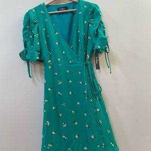 Green Floral Print Ruffled Wrap Dress